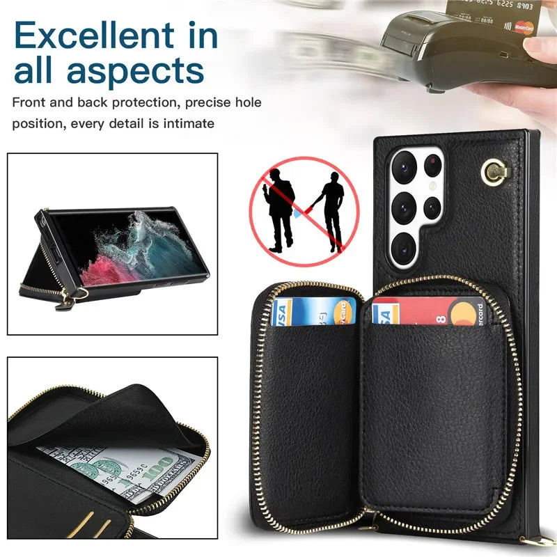 Luxury Crossbody Zipper Leather Wallet Case for Samsung Galaxy S24 S23 S22 Plus S21 S20 Ultra Note 20 Models Cards Holder Lanyard Protective Cover Shell