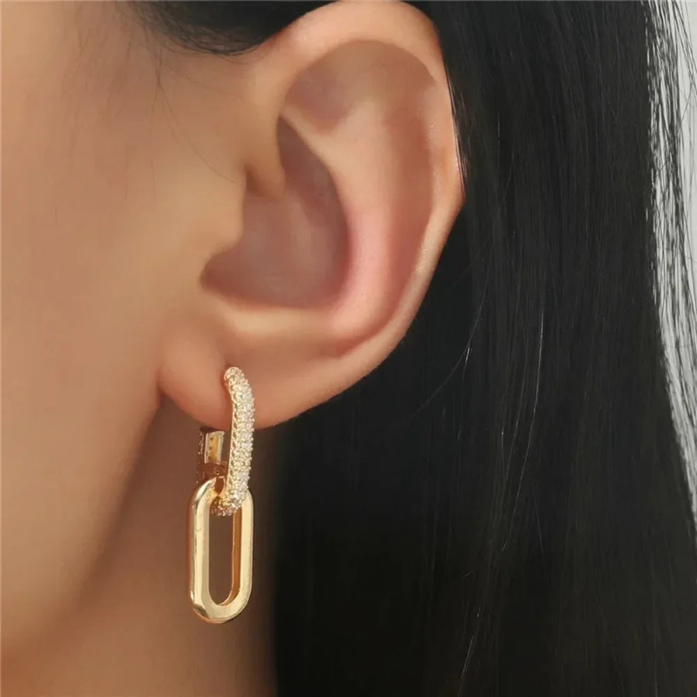 Modern Double Loop Design Shiny Crystal Hoop Stainless Steel Earrings for Women Beautiful Dangle Charm Jewelry Accessories