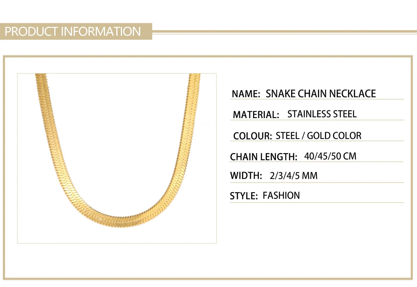 Herringbone Snake Chain Stainless Steel Necklaces for Women Men 2mm/3mm/4mm/5mm Wide Gold Silver Color Flat Style Jewelry