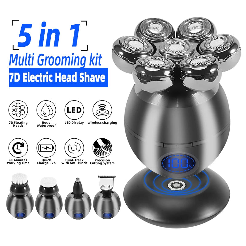 Waterproof 5 in 1 Electric Head Beard Shaver Trimmer Clippers for Men 7D Floating Precision IP68 Waterproof Shaving USB Wireless Charging Multi Device