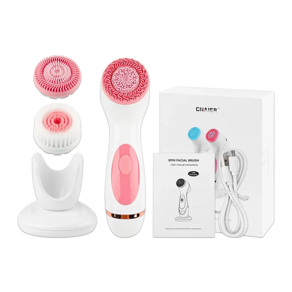 Ultrasonic 3 In 1 Electric Facial Cleansing Brush Face Massager Rotating Deep Cleaning Tool