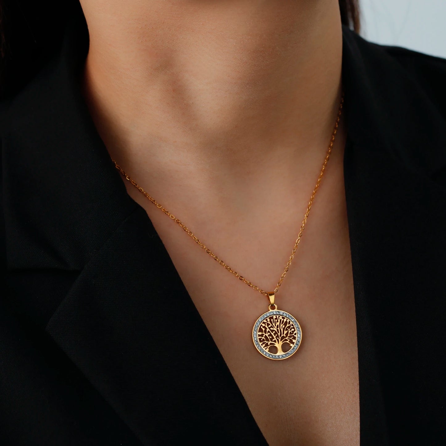 Tree of Life Pendant Stainless Steel Necklaces for Women Girls Gold Silver Color Zircon Luxury Chain