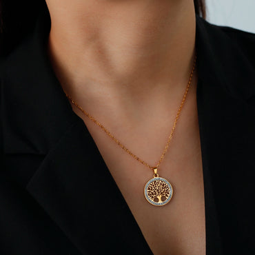 Tree of Life Pendant Stainless Steel Necklaces for Women Girls Gold Silver Color Zircon Luxury Chain