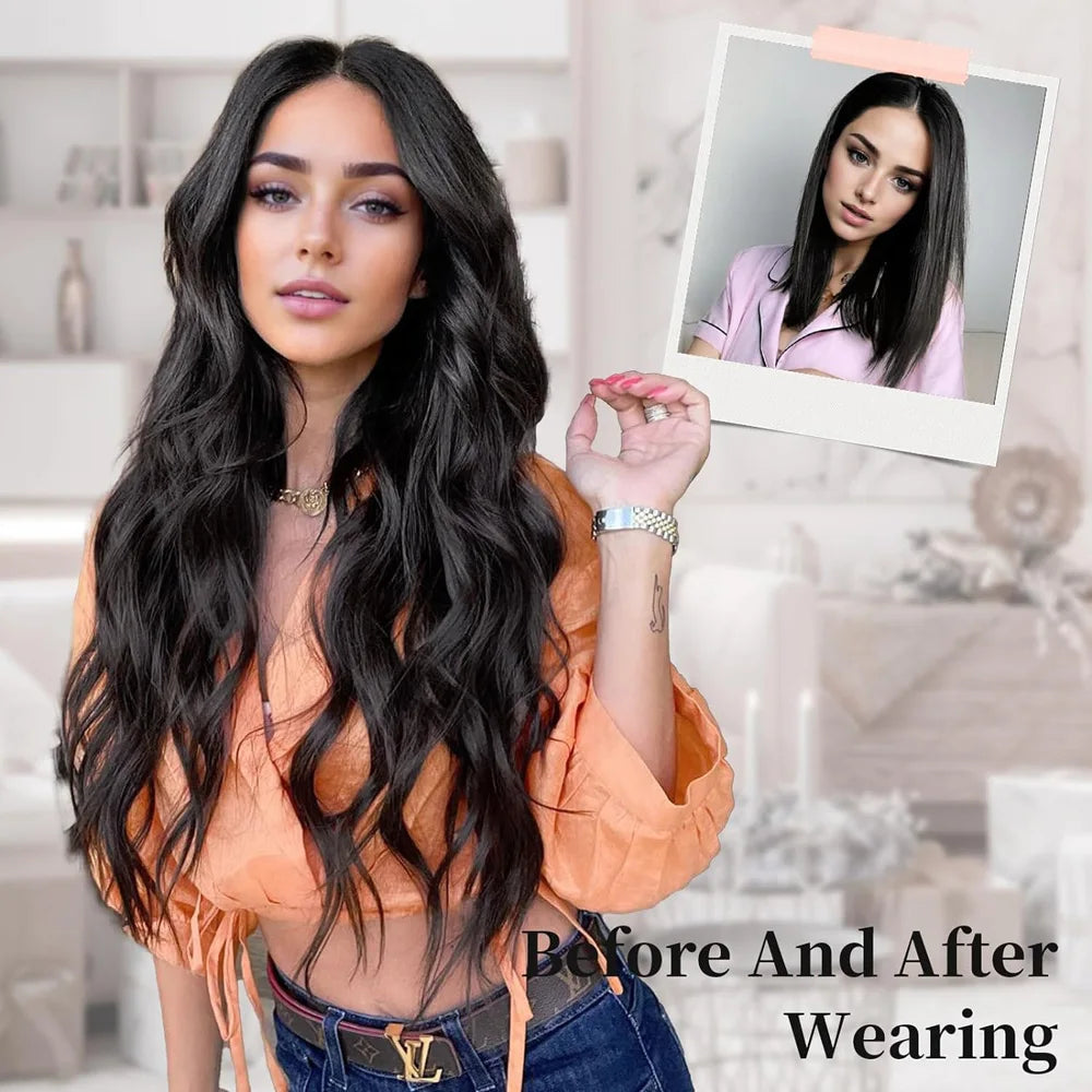 Black Halo Hair Extensions with Invisible Wire Adjustable Size 22inches No Clip Long Synthetic Wavy Curly Hairpieces for Women