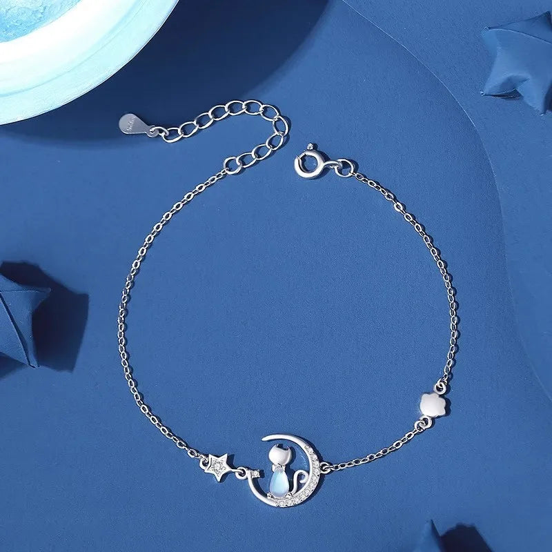 Beautiful Crystal Cat Stars Moon 925 Sterling Silver Charm Chain Bracelets for Women Fine Jewelry Accessories