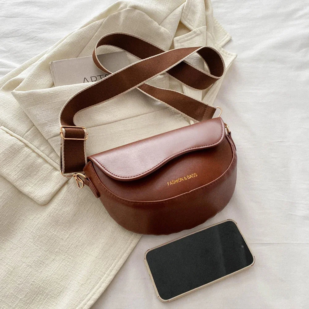 Elegant Women's Leather Vintage Flap Saddle Shoulder Purse Handbag Fashion Wide Strap Crossbody Bag