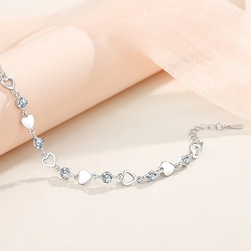 Luxury Crystal Hearts 925 Sterling Silver Pendant Bracelets for Women Versatile Charm Jewelry Accessories