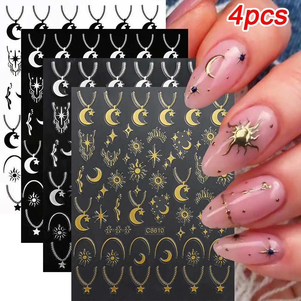 Star Sun Moon 3D Nail Stickers Bronzing Nail Art Gold Silver Styles Decal Self-Adhesive Slider