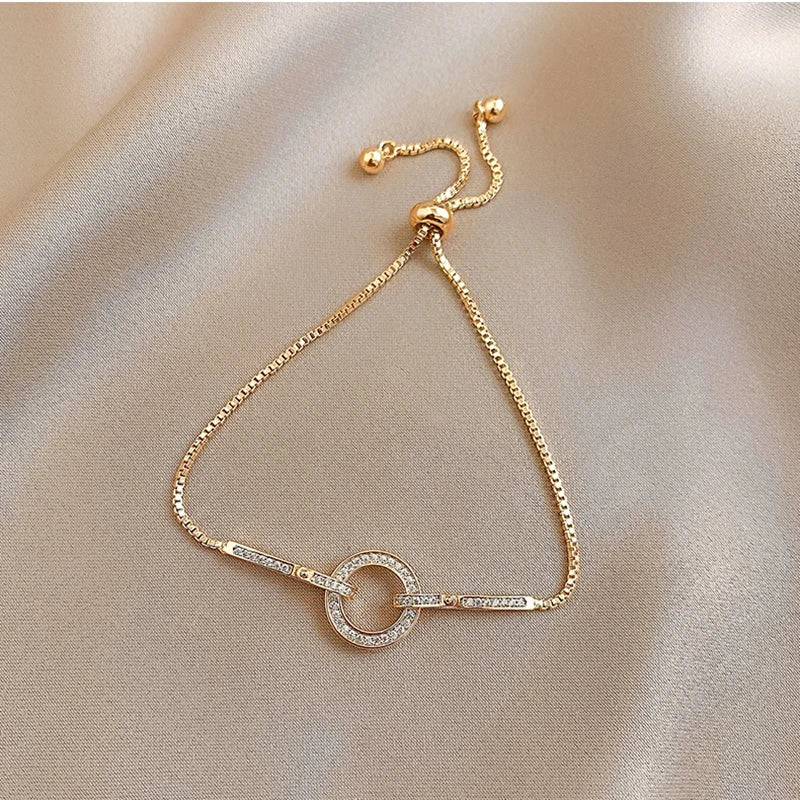 Modern Luxury Crystal Union Circle 925 Sterling Silver Gold Plated Bracelets for Women Adjustable Geometric Snake Chain Jewelry Accessories