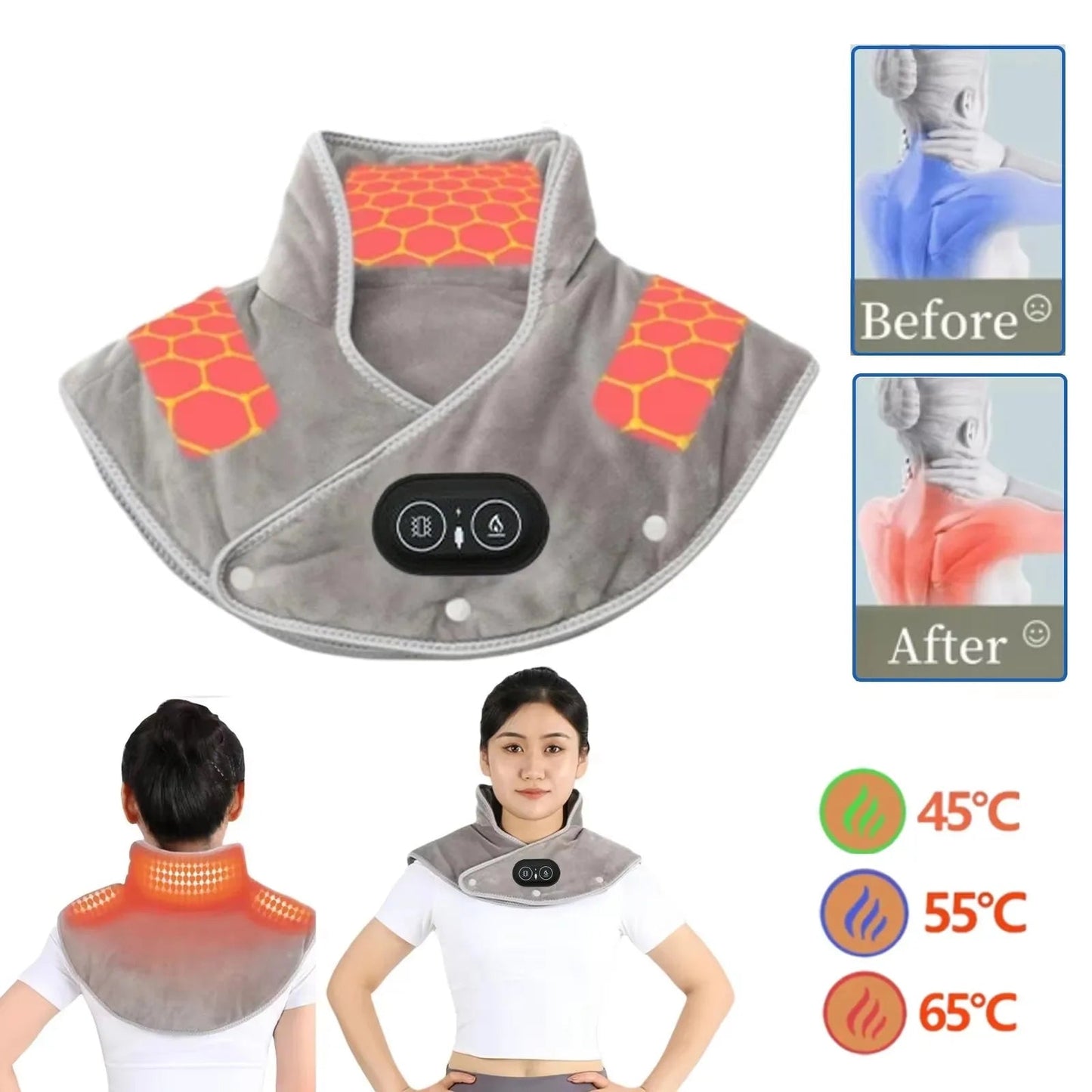 Electric Thermal Compress Vibration Shoulder Neck Pad Massager Cervical Wrap Shawl Three Gear Heating Relax Brace
