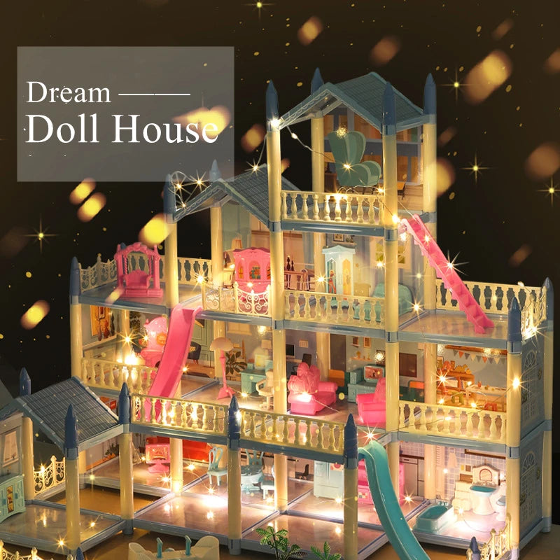 Beautiful Miniature Model Doll House Princess Castle with LED Lights Accessories Girl Birthday Gift Toy Villa House 3D Assembly DIY