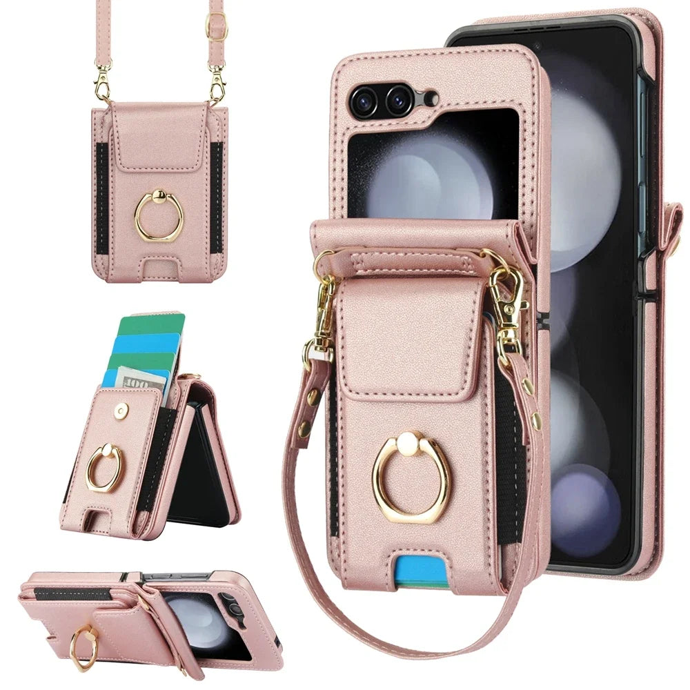 Deluxe Crossbody Lanyard Leather Flip Wallet Case for Samsung Galaxy Z Flip 6 5 4 3 Models Ring Bracket Shockproof Protective Shell Card Holder Phone Cover Bag