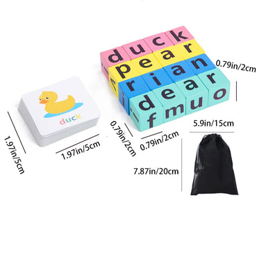 Exciting Word Alphabet Learning Spelling Game Toy for Preschool Boys and Girls, Letters Reading Wooden Building Blocks with 40 Cards