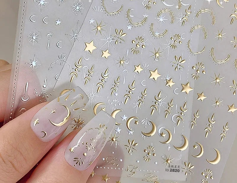 Star Sun Moon 3D Nail Stickers Bronzing Nail Art Gold Silver Styles Decal Self-Adhesive Slider