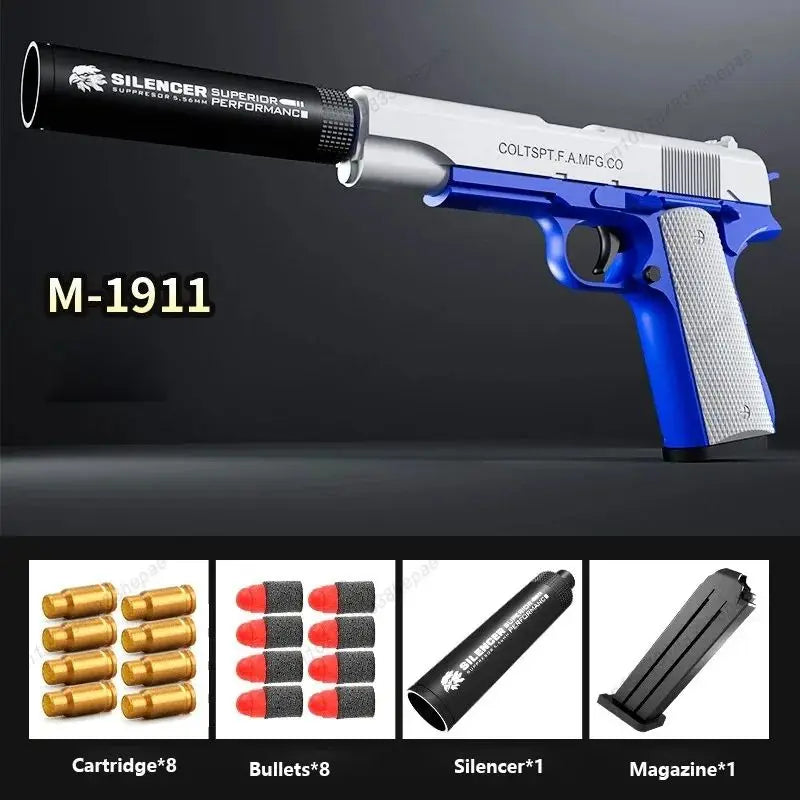 Foam Darts M1911 Glock Pistol Toy Gun Soft Bullet Shell Ejecting Blaster Manual Airsoft Weapon with Silencer For Kids Adults