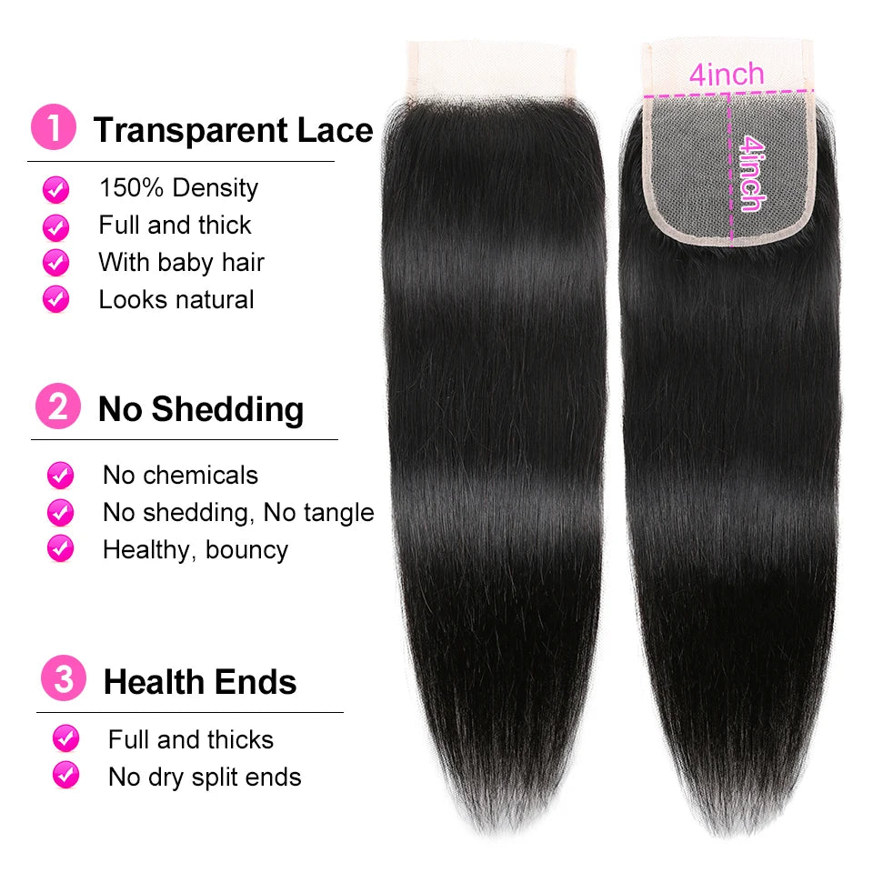 4X4 Lace Closure Peruvian Straight 100% Human Hair 4 By 4 Natural Color Remy Hair Brown Swiss Lace 8-22 inches