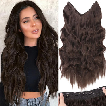 Black Halo Hair Extensions with Invisible Wire Adjustable Size 22inches No Clip Long Synthetic Wavy Curly Hairpieces for Women
