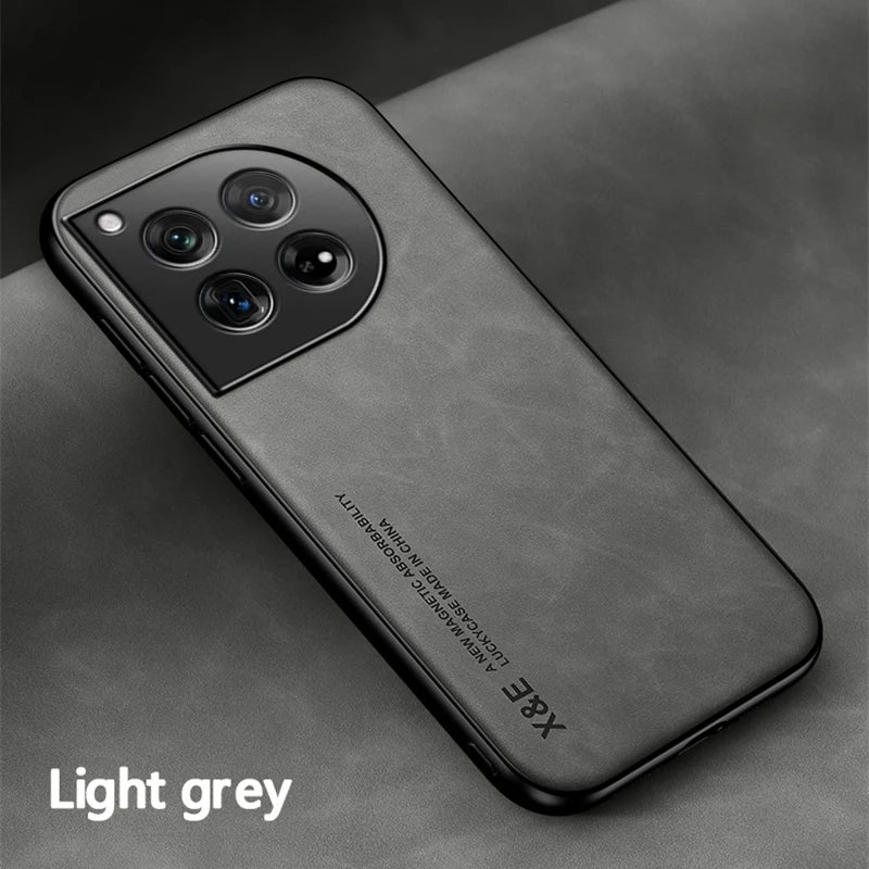 Elegant Leather Phone Case for OnePlus 12 12R Protective Shockproof Cover with Built-in Magnetic Car Holder