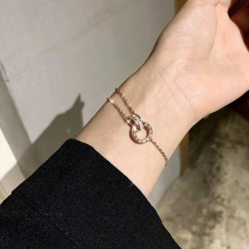 Dazzling Luxury Roman Numbers Stainless Steel Crystal Charm Bracelets for Women Girls Fashion Jewelry Accessories