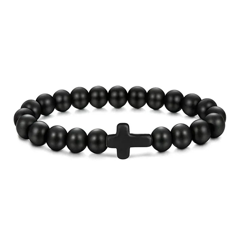 Rosary Cross Natural Stone Wood Beads Hematite Bracelets Prayer Meditation Bracelet for Men Women Yoga Jewelry