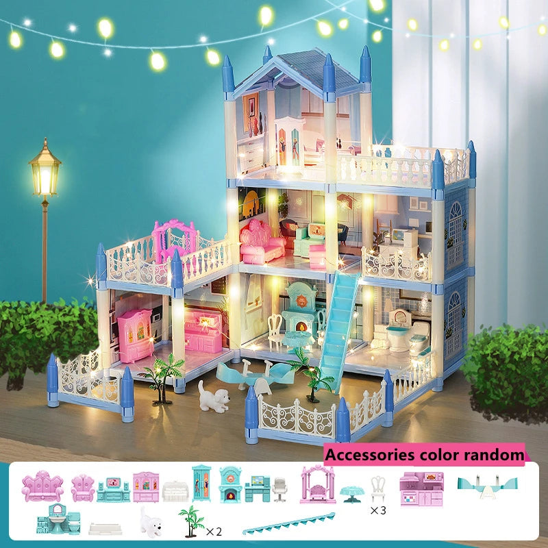 Beautiful Miniature Model Doll House Princess Castle with LED Lights Accessories Girl Birthday Gift Toy Villa House 3D Assembly DIY