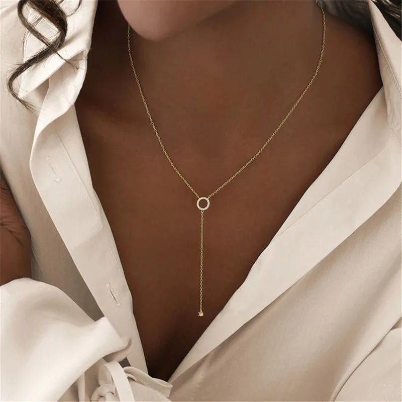 Elegant Double Layer S925 Sterling Silver Circle Crystals Pendant Tassel Necklace for Women Fine Choker Jewelry Accessories