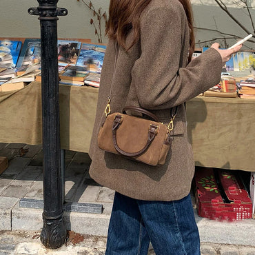 Minimalist Fashion Faux Suede Pillow Style Women's Purse Handbag Boston Design Shoulder Casual Bag