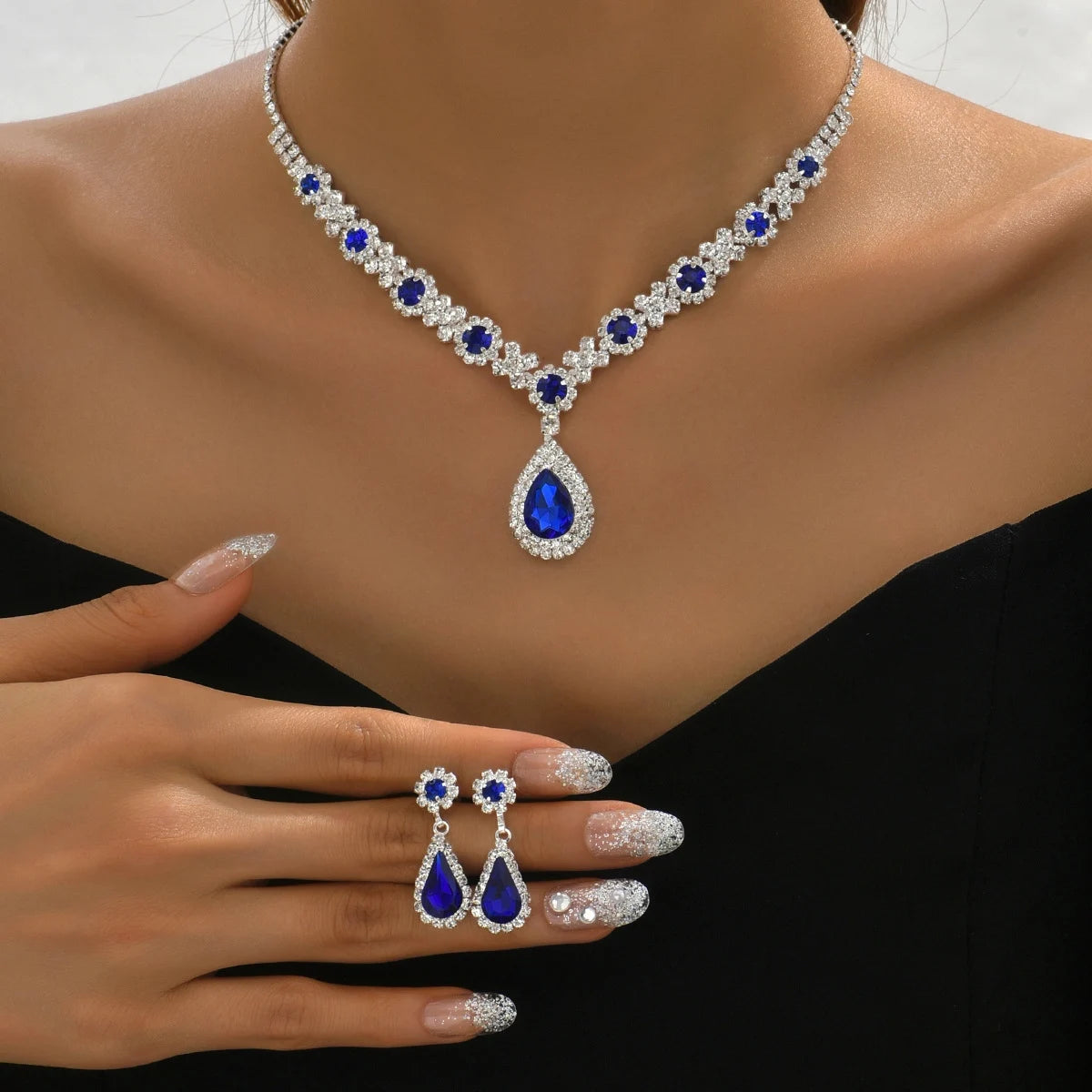Crystal Droplet Necklace and Earrings Set 3pcs Women's Bridal Wedding Evening Dress Jewelry Accessories