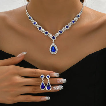 Crystal Droplet Necklace and Earrings Set 3pcs Women's Bridal Wedding Evening Dress Jewelry Accessories