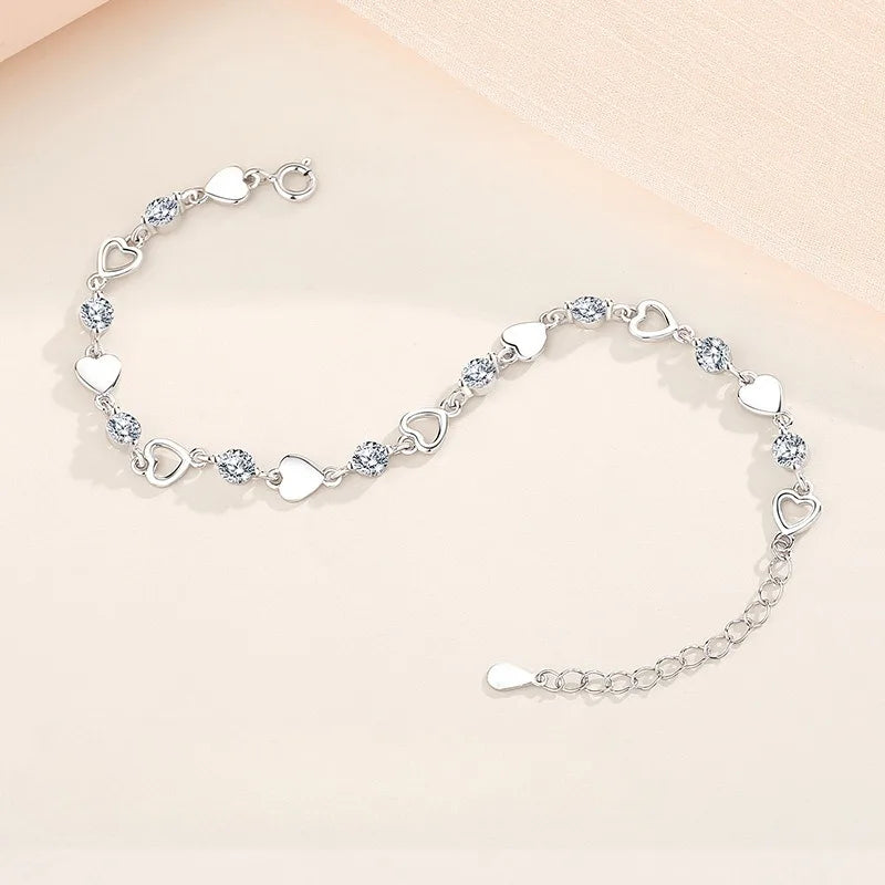 Luxury Crystal Hearts 925 Sterling Silver Pendant Bracelets for Women Versatile Charm Jewelry Accessories