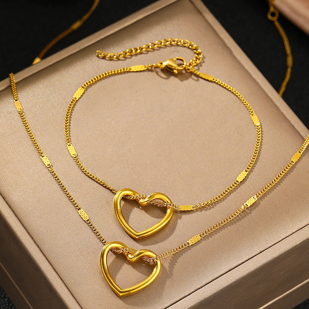 Twisted Heart Jewelry Set Stainless Steel Novelty Luxury High-End Silver Gold Color Necklace Bracelet