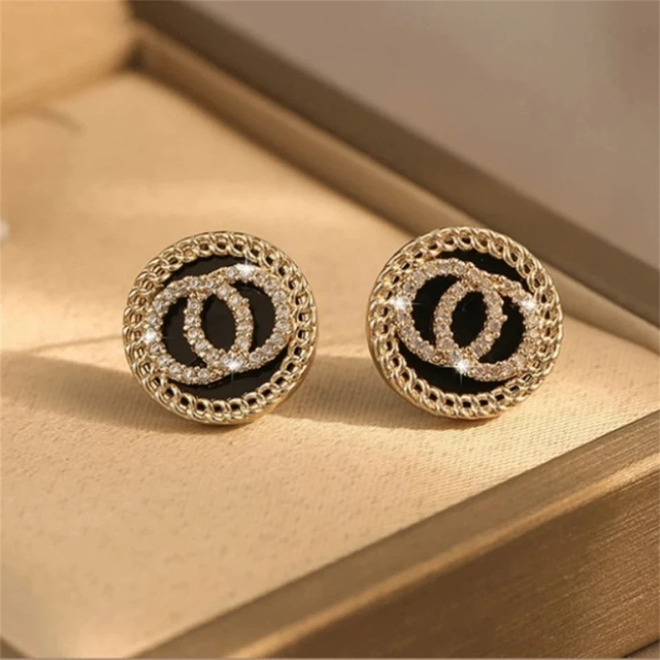 Fashion Crystal Double Circle with Black Enamel Stud Earrings for Women Popular Modern Rhinestones Jewelry Accessories