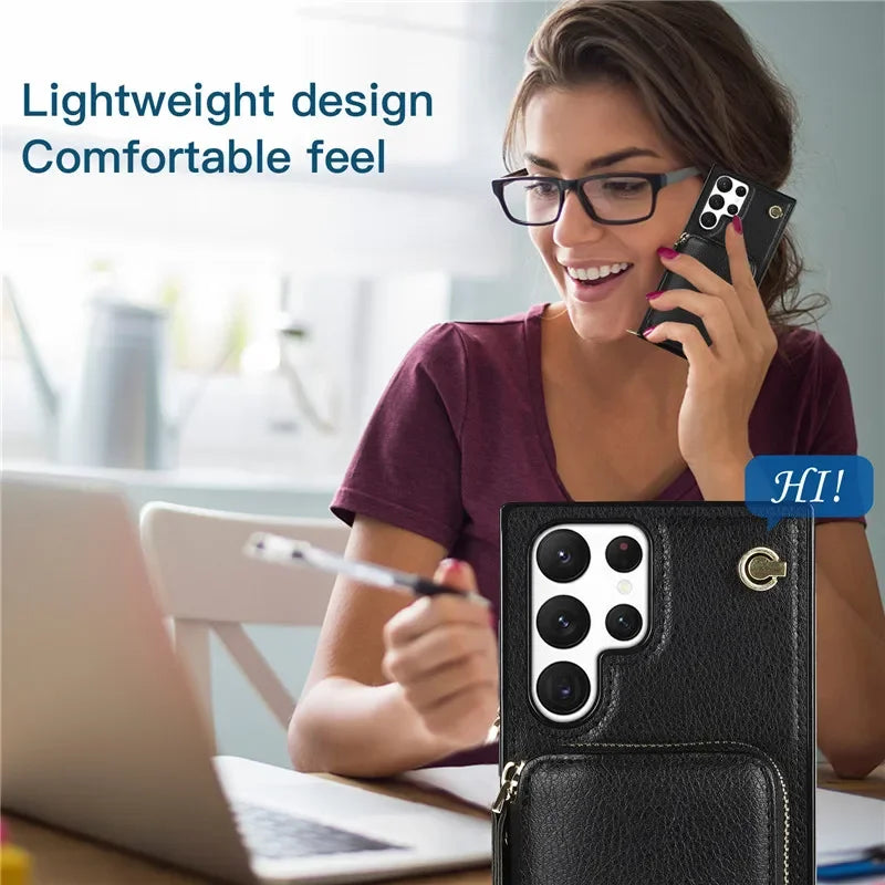Luxury Crossbody Zipper Leather Wallet Case for Samsung Galaxy S24 S23 S22 Plus S21 S20 Ultra Note 20 Models Cards Holder Lanyard Protective Cover Shell