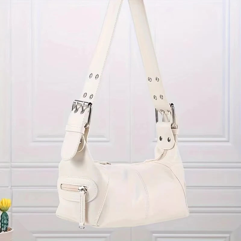 Elegant Leather Baguette Satchel Shoulder Handbag Purse for Women Single Shoulder Strap Zipper Messenger Bag