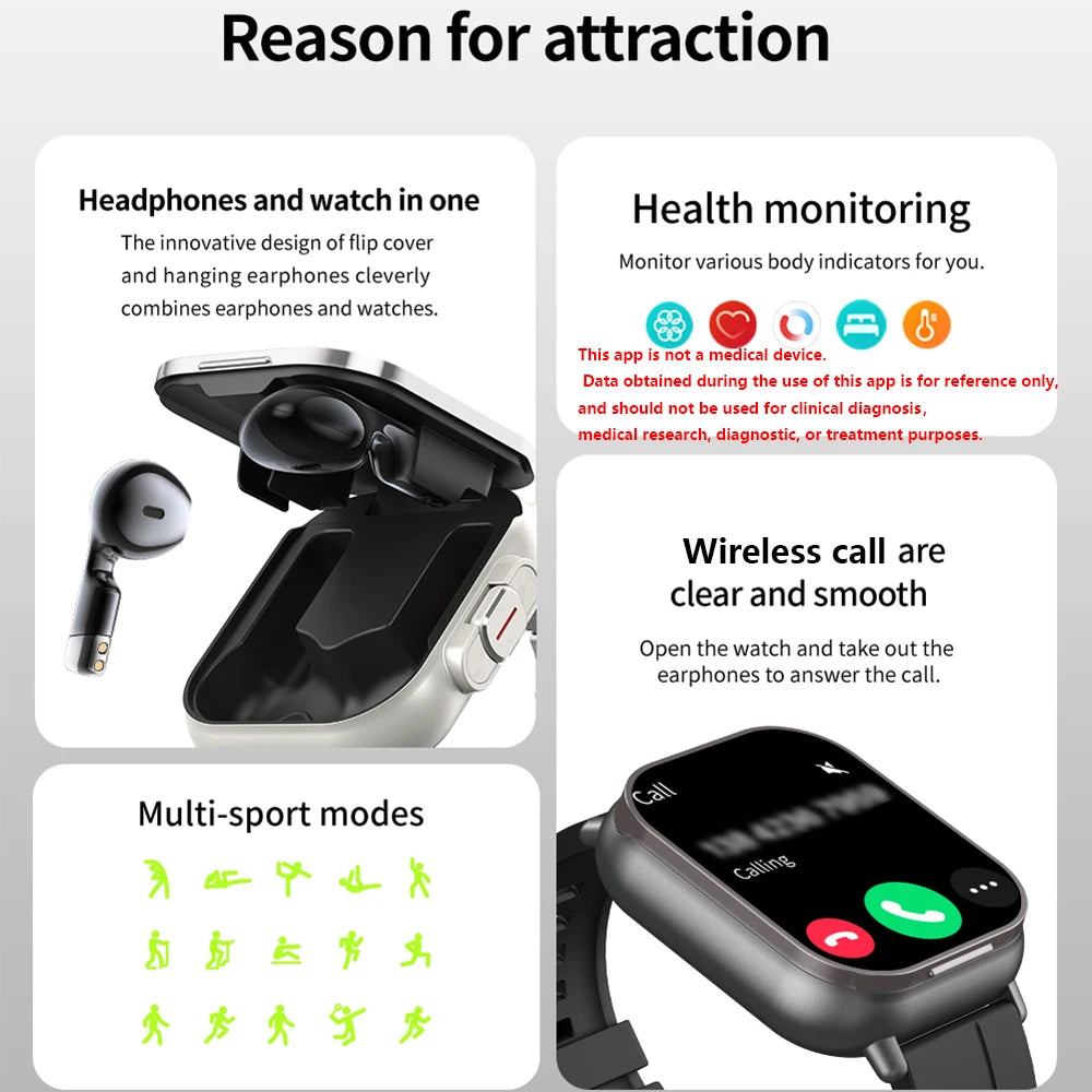 New Technology 2-in-1 Earphones and GPS Smartwatch Combo Bluetooth Call Heart Rate Blood Pressure Health Monitoring Play Music Smart Wrist Watch and Earbuds