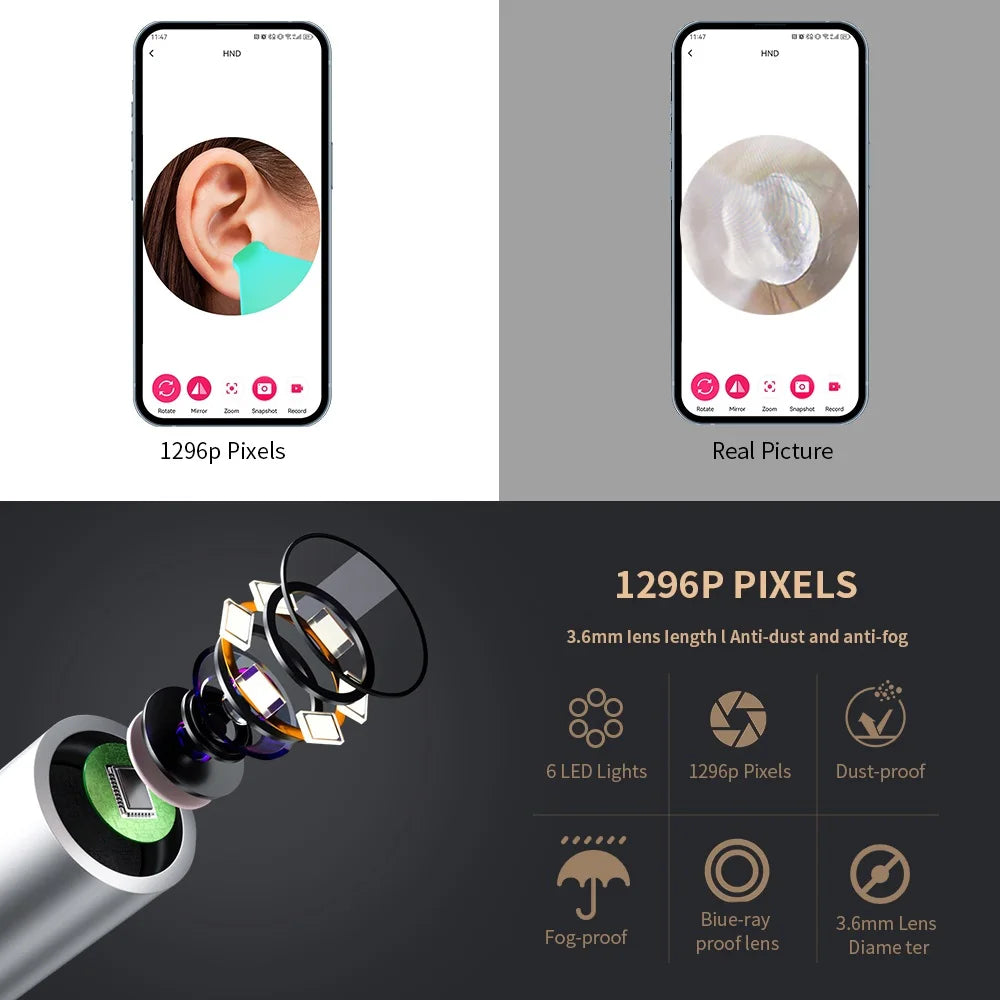 Wireless High Definition Ear Wax Removal Cleaner With Camera 6 LED Lights 3.6mm Lens WiFi Camera Take Video Photos Earpick Tool
