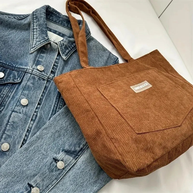 Trendy Corduroy Large Capacity Women's Tote Shoulder Bag Handbag With Front Pocket
