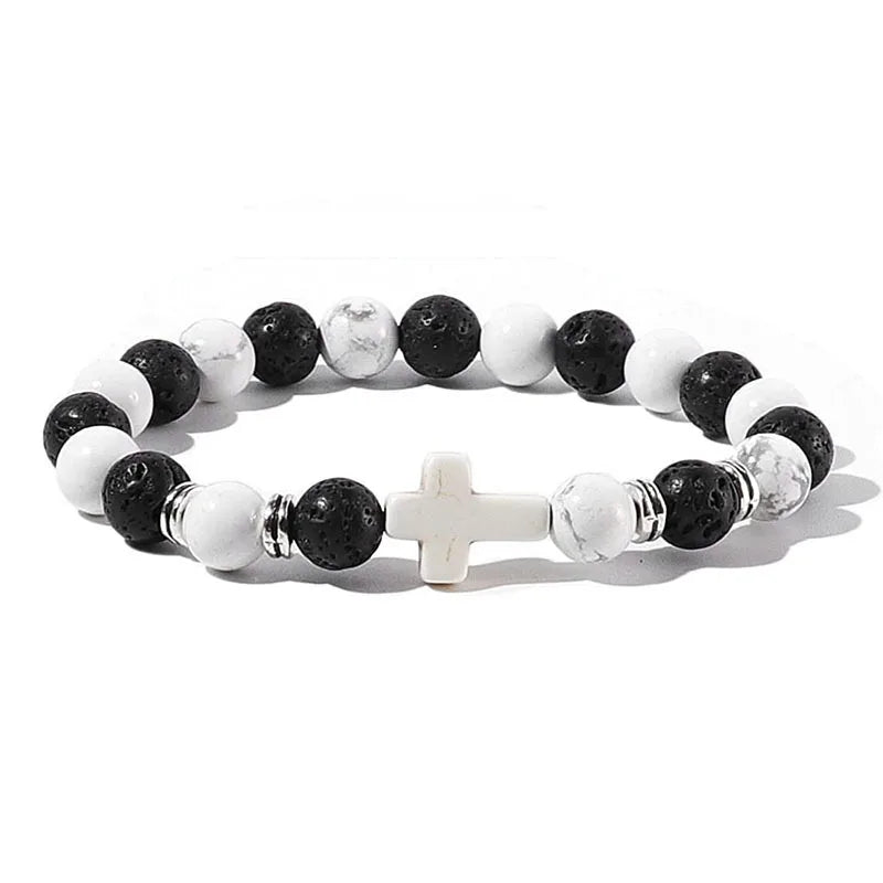 Rosary Cross Natural Stone Wood Beads Hematite Bracelets Prayer Meditation Bracelet for Men Women Yoga Jewelry