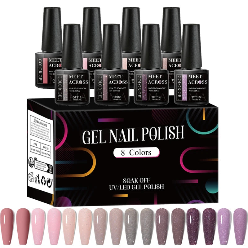 8pcs Gel Nail Polish Set Colorful Fluorescent All Season Colors Laser Glitter Nail Art Varnish for Manicures