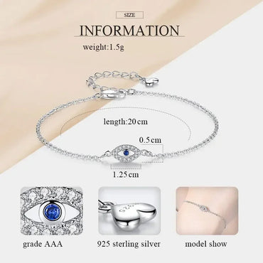 Lovely Crystal Lucky Evil Eye 925 Sterling Silver Bracelets for Women Blue Stone Adjustable Fine Jewelry Accessories