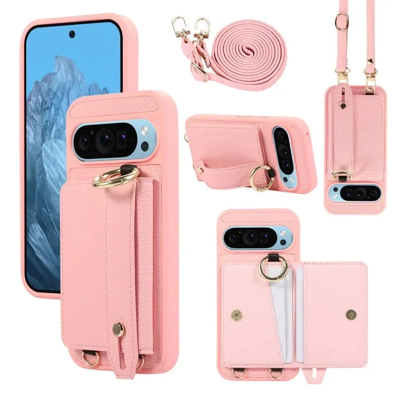 Exquisite Crossbody Leather Wallet Case for Google Pixel 9 8 Pro 8a 7a Models Ring Holder with Wrist Strap Shockproof Phone Case Cover Shell