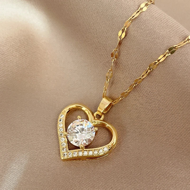 Lavish Heart Pendant Stainless Steel Necklace for Women Girls Luxury Crystals Necklace Chain Gold Silver Color