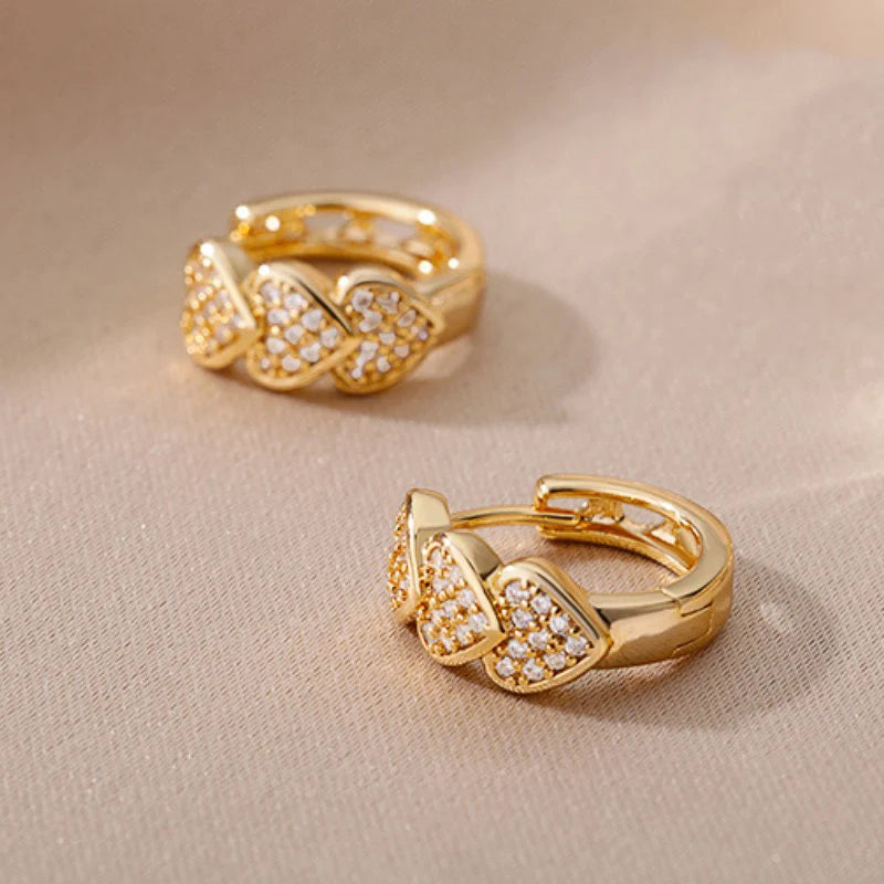 Fancy Gold Color Heart Love Crystal Hoop Earrings for Women Full Paved Dazzling Dainty Jewelry Accessories