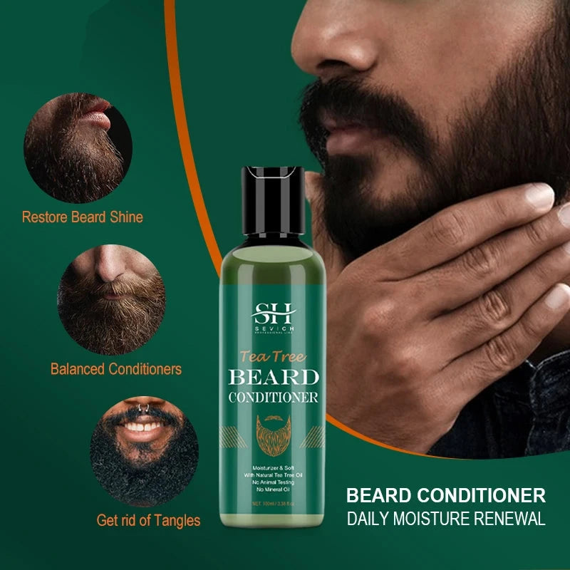 Nourishing Beard Growth Kit For Men Tea Tree Hair Enhancer Thicker Beard Care Oil Moisturizing Beard Conditioner Anti Hair Loss