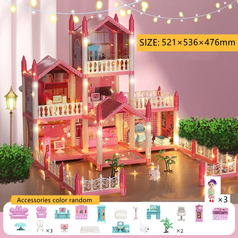 Beautiful Miniature Model Doll House Princess Castle with LED Lights Accessories Girl Birthday Gift Toy Villa House 3D Assembly DIY
