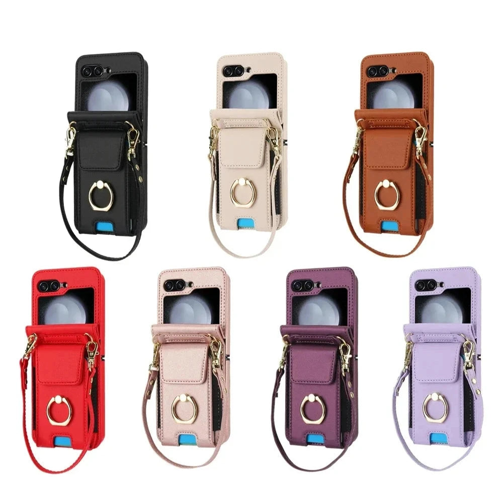 Deluxe Crossbody Lanyard Leather Flip Wallet Case for Samsung Galaxy Z Flip 6 5 4 3 Models Ring Bracket Shockproof Protective Shell Card Holder Phone Cover Bag