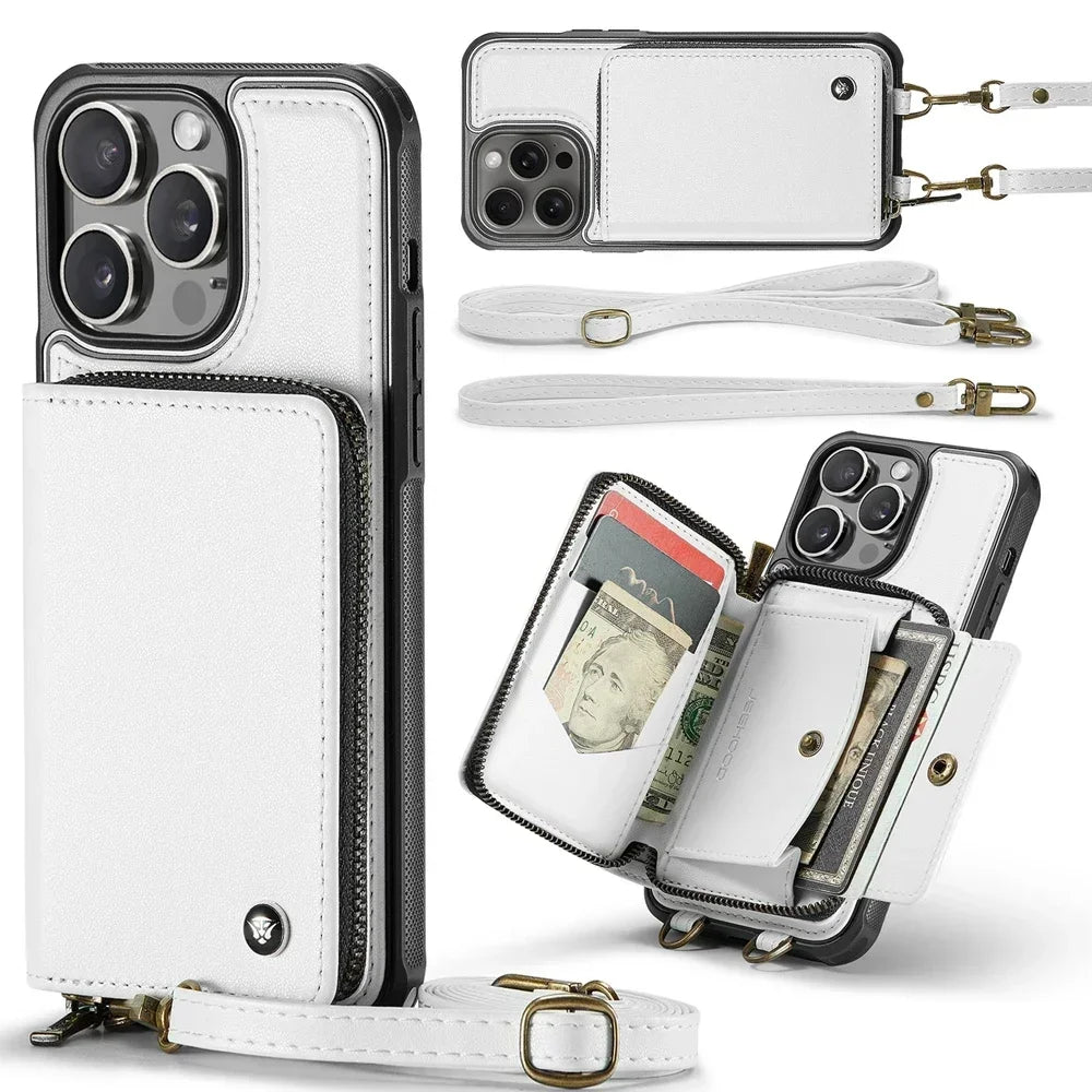 Elegant Crossbody Zipper Leather Wallet Case for Apple iPhone 16 15 Pro Max 14 Plus 13 12 Models Cards Holder Lanyard Protective Cover Shell