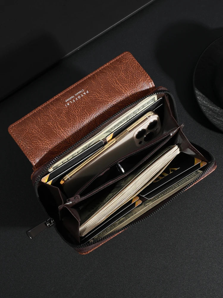 High Quality Men's Leather Zipper Long Phone Wallet Large Capacity Clutch Bag Multi Card Holder Coin Purse Double Layer Strap Wallet
