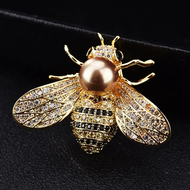 Luxury Crystals with Pearl Bee Brooch for Women Girls Rhinestone Gold Silver Color Pin Brooches Jewelry