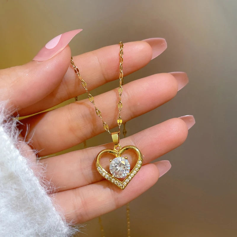 Lavish Heart Pendant Stainless Steel Necklace for Women Girls Luxury Crystals Necklace Chain Gold Silver Color